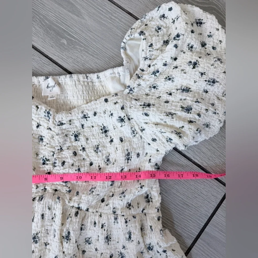 Girls Puff-Sleeve Floral Smocked Dress - White with Black Print